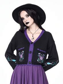 ROMWE Áo khoác cardigan thêu pha lê màu tương phản họa tiết phù thủy phù thủy bí ẩn Gothic Dark - màu đen - Xem 2