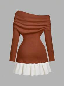 SHEIN MOD Gaun Rajut Wanita Warna Khaki dengan Model Bahu Terbuka - Rust Brown - View 2