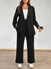 SHEIN Clasi 两件套加大码西装套装：长袖上衣和阔腿裤 - 黑色 - 查看 6