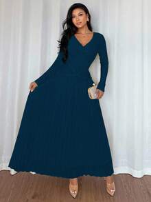 Rafferiza Women's Elegant V-Neck Decorative Button Solid Color Cross Pleated Hem Dress - Blue - View 5