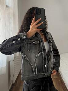 StreetHx Fashionable Casual Street Style Distressed Denim Open Front Button Up Jacket - Black - View 8