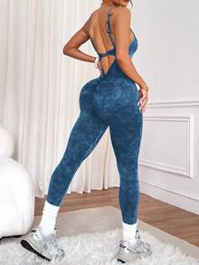 Slayform 1 bộ đồ liền thân cổ tròn xoắn phía trước màu lì cho nữ - Màu xanh hải quân - Xem 2