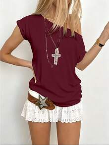 INAWLY Áo thun nữ cổ tròn trơn màu đơn sắc, mùa hè - Màu Đỏ Sâu - Xem 4