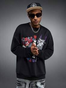 Transformers X SHEIN Men's Casual Robot & Letter Pattern Round Neck Drop Shoulder Sweatshirt, Autumn - Black - View 7