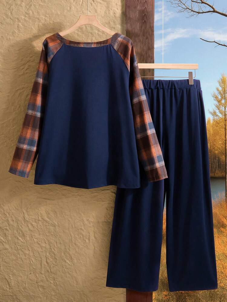 Conjunto de 2 piezas de talla grande para mujer con top y pantalones casuales a cuadros azules con bolsillos, para otoño/invierno