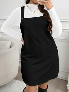 SHEIN LUNE Plus Size Solid Color Loose Casual Sleeveless Dress, Suitable For Autumn/Winter New Year Party - Black - View 1