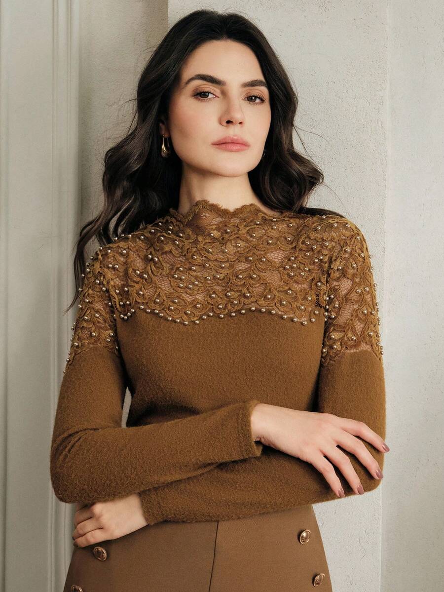 Anewsta Elegante camiseta de mujer de manga larga con cuello redondo y encaje ajustado, adecuada para otoño, invierno, Año Nuevo, fiesta, boda, elegante, chic, estilosa, casual, Navidad, marrón - Óxido marrón - Ver 1