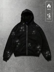 ROMWE MEN Street Life 男女通用斑点连帽卫衣，休闲街头风，秋冬季长袖上衣 - 黑色 - 查看 1