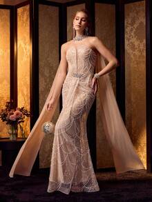MOTF Soiréza CHAL CON DETALLES DE DIAMANTES DESMONTABLE Y VESTIDO LARGO SIRENA SIN TIRANTES, TELA BRILLANTE Y ENJOYADA, DETALLE DE LAZO EN LA ESPALDA Y ESTILO VERSÁTIL PARA BODAS, GALAS Y EVENTOS ESPECIALES PARA MUJERES - Champán - Ver 6