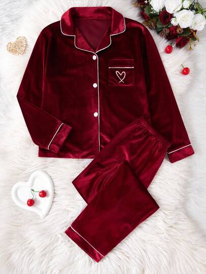 SHEIN Set de pijamale coreean pentru fete, 2 buc, cardigan și pantaloni brodați cu inimă din catifea, stil coreean, pentru fete