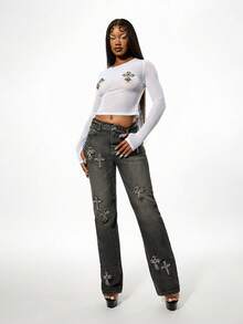 SUMWON WOMEN Long Sleeve Mesh Top With Rhinestone Cross Embellishments Fitted Crop Style For Casual Wear - White - View 6
