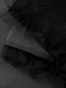 FRIFUL Women's Solid Color V-Neck Mesh Patchwork Ruffle Hem Straight Casual Dress