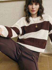 Cévolie Women's Loose Fit Striped Drop Shoulder Long Sleeve Casual Knit Sweater, Autumn/Winter - Multicolor - View 5