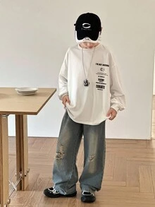 SHEIN 2 件套儿童青少年男童休闲韩版大字母图案圆领运动衫和牛仔裤套装，适合通勤、上学、日常休闲、旅行、运动、春夏秋冬，抓绒，加厚