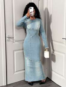 Slaydiva Women's Round Neck Long Sleeve Fitted Casual Denim Dress Long Sleeve Blue Dress Curve Jean Dress Long Bodycon Dress Light Blue Dress Curve Birthday Women Outfits Thanksgiving Women Outfit Fall Dresses Christmas Clothes Party Women Dresses Elegant Women Dresses Sister Gifts New Years - Dark Wash - View 3