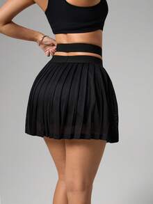 CourtClass Quần váy thể thao màu trơn đơn giản xếp ly cho nữ, váy lưới, váy tập gym, váy xếp ly màu đen, váy khiêu vũ ngắn cho nữ, váy tập gym, váy ngắn cho nữ, váy tập gym - màu đen - Xem 2