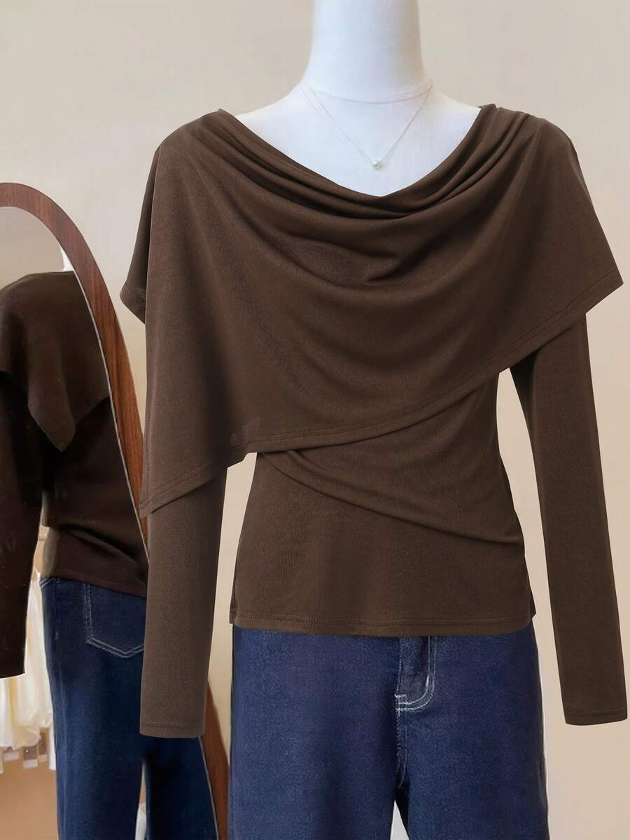 GlowEve Women's Lightweight Shawl Collar Sweater, Slim Fit Knit Top, Elegant Autumn Pullover - Coffee Brown - View 1