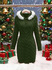 Franclia European & American Style Hooded Chunky Knit Dress For Women, Fuzzy Fitted Flattering Design, Ideal For Petite, Autumn Mini Skirt - Army Green - View 7