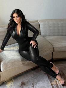 Rafferiza Women Black Sexy Shiny Faux Crocodile Skin Front Zipper Jumpsuit, Long Sleeve Clubwear Party Date Night, New Design, Spring/Summer Fall Cloth For Women Sexy Party/Night Club//Street/Date/Halloween/Valentine's Day New Arrival Concert Outfit Evening Birthday Club Slim Bodycon Original Design Long Leggings Jumpsuit - Black - View 3
