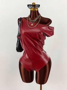 Amplova Women's Burgundy Spandex Bodysuit, Asymmetric Shoulder Top Patchwork Leather Red Swimsuit Y2K Summer Outfit,Seksi Chic Night Club - Burgundy - View 10