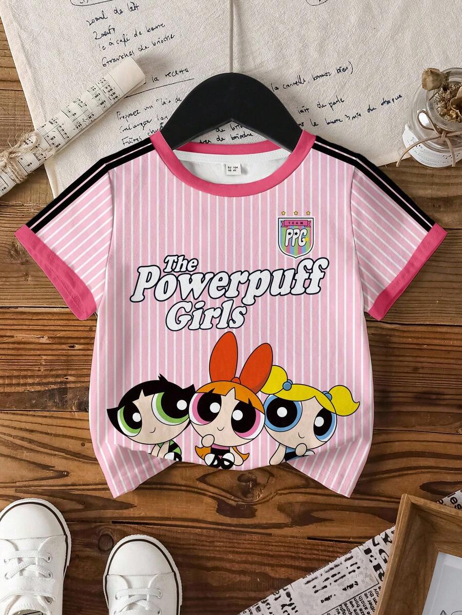 THE POWERPUFF GIRLS X SHEIN 年轻女孩夏季条纹花朵、泡泡、毛茛图案圆领短袖 T 恤 - 白色 - 查看 1