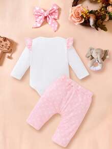SHEIN 2023 Baby Girls Autumn/Winter 3pcs Newborn Outfit Set, Cute Elephant Cartoon Print Bodysuit, Polka Dot & Heart Design Pants And Headband, Casual Basic Practical Versatile - Pink - View 2