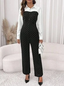 SHEIN Clasi Quần ống loe dệt kim chấm bi đen trắng cổ tim thắt eo dành cho nữ, kiểu dáng thanh lịch mặc hàng ngày, áo liền quần dài tay cho mùa thu/đông. - Đen và trắng - Xem 12