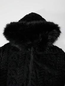 SHEIN 1件女童时尚连帽外套，黑色爱心提花双面抓绒长袖拉链连帽衫，带毛领，短款外套，适合室内、室外、聚会、运动、通勤、春季、秋季、冬季穿着。 - 黑色 - 查看 8
