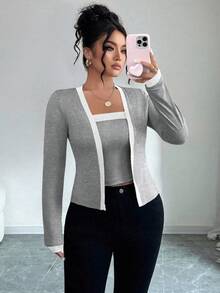 Elenzga Plus Size Soft Knit Contrast Color Trim Cropped Sleeve Jacket + Contrast Trim Camisole 2 Piece Set, Casual Elegant For Outing, Party, Date - Grey - View 4