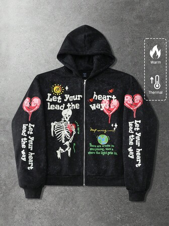 sweat-shirt à capuche zippé décontracté à manches longues avec imprimé slogan et crâne pour hommes