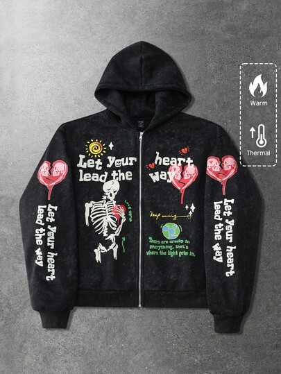 Sudadera con capucha casual con cremallera de manga larga con eslogan y estampado de calavera para hombre