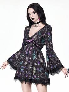 ROMWE Gothic Snake Skin, Moth & Floral Print Contrast Lace Fitted A-Line Dress - Multicolor - View 5