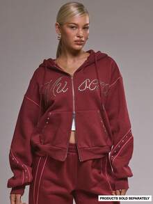 MUSERA Áo khoác hoodie dáng rộng có khóa kéo đính đinh tán, thích hợp mặc mùa đông, thường ngày, ấm áp, màu sơn anh đào, mùa xuân, ngày lễ tình nhân. - Màu Đỏ Sâu - Xem 1