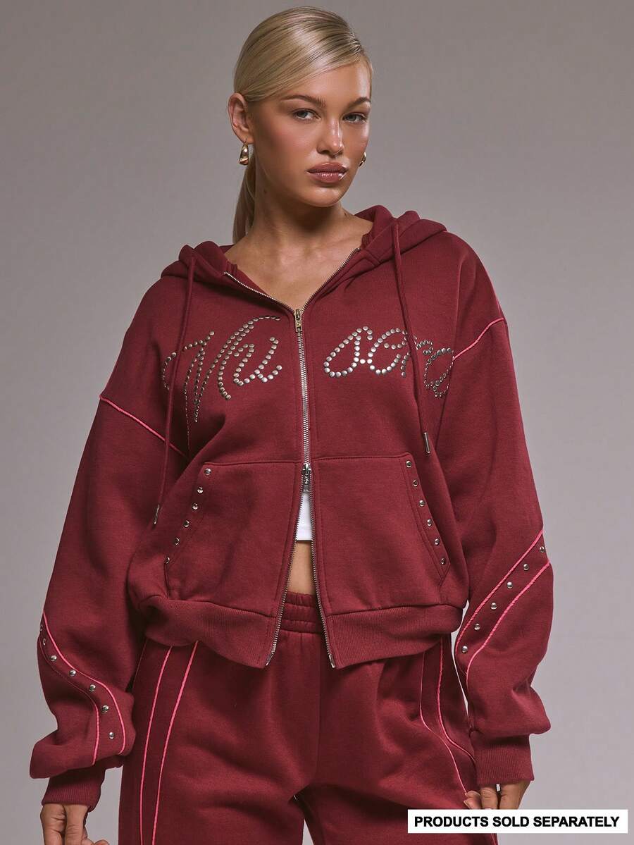 MUSERA Áo khoác hoodie dáng rộng có khóa kéo đính đinh tán, thích hợp mặc mùa đông, thường ngày, ấm áp, màu sơn anh đào, mùa xuân, ngày lễ tình nhân. - Màu Đỏ Sâu - Xem 1