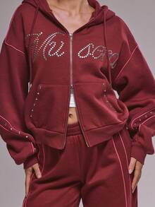 MUSERA Áo khoác hoodie dáng rộng có khóa kéo đính đinh tán, thích hợp mặc mùa đông, thường ngày, ấm áp, màu sơn anh đào, mùa xuân, ngày lễ tình nhân. - Màu Đỏ Sâu - Xem 2