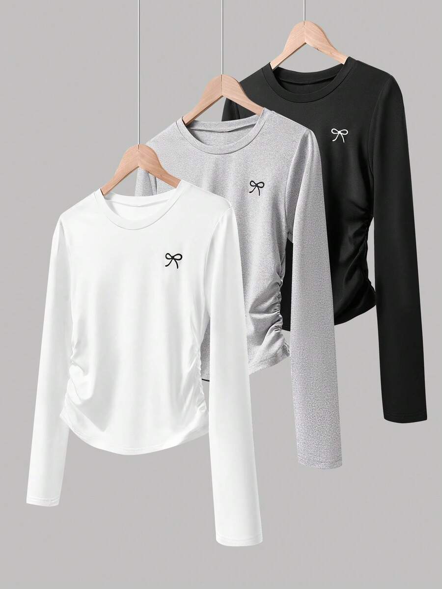 Sparklyn 少女圆领长袖褶皱休闲蝴蝶装饰T恤 - 彩色 - 查看 1