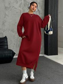 SHEIN EZwear 酒红色大码宽松休闲长款抓绒卫衣裙，秋冬款 - 酒紅色 - 查看 4