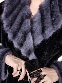 ROMWE Grunge Punk Women's Contrast Color Lapel Long Sleeve Belted Faux Fur Jacket - Black - View 2