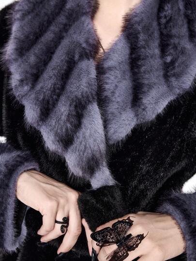 Grunge Punk Women's Contrast Color Lapel Long Sleeve Belted Faux Fur Jacket