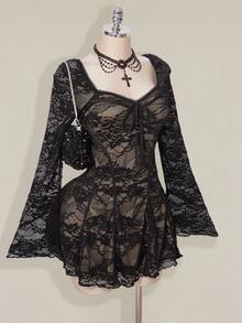SHEIN ICON 大码女式黑色蕾丝迷你连衣裙 - 黑色 - 查看 1