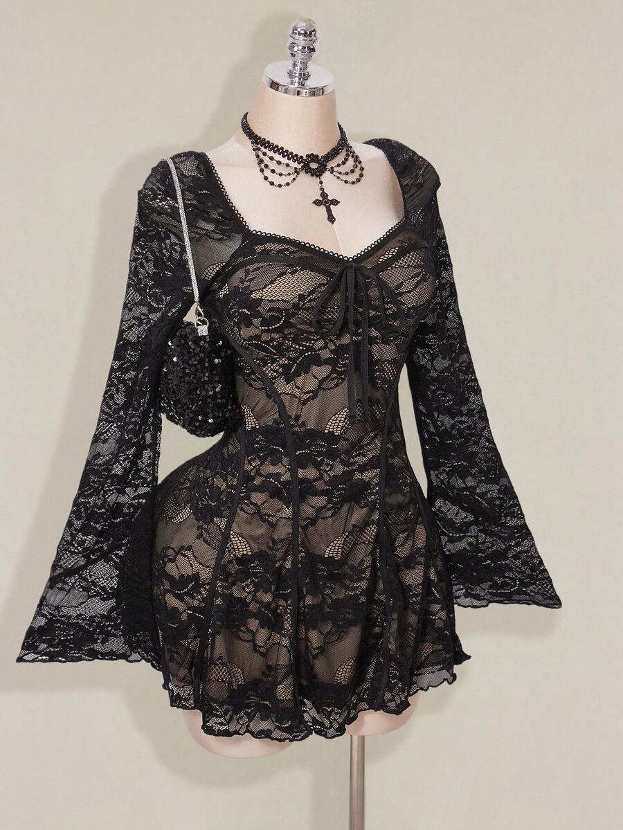 SHEIN ICON 大码女式黑色蕾丝迷你连衣裙 - 黑色 - 查看 1