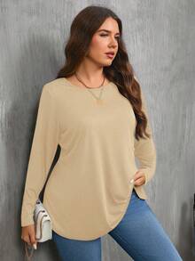 SHEIN Clasi Áo thun nữ tay dài cổ tròn màu trơn cỡ lớn thiết kế nút bên hông - Màu be - Xem 6