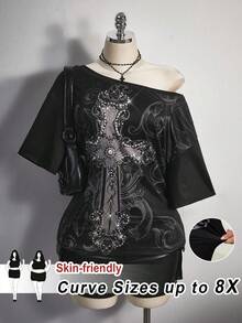 SHEIN CURVE+ Áo thun nữ Y2K cổ điển in hình chữ thập dáng rộng vai xiên phong cách Halloween - màu đen - Xem 1