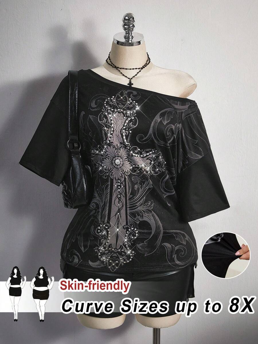 SHEIN CURVE+ Áo thun nữ Y2K cổ điển in hình chữ thập dáng rộng vai xiên phong cách Halloween - màu đen - Xem 1