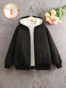SHEIN Tween Girl Loose Casual Minimalist Comfortable Hooded Thermal Lined Jacket, Autumn/Winter Fall - Black - View 8
