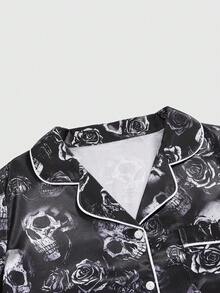 ROMWE Gothic Skull & Rose All-Over Print Cardigan Shirt & Shorts Pajama Set - Black - View 3