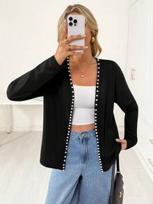 Chiquease Fashionable Pearl Knit Cardigan Women Jacket - Black - View 5
