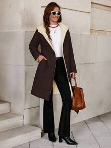 SHEIN Clasi 女式拉链连帽泰迪熊衬里绗缝大衣（秋冬） - 咖啡棕 - 查看 6