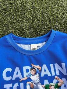 Captain Tsubasa X SHEIN 男童休闲足球运动员图案印花字母圆领长袖针织蓝色T恤 - 藍色 - 查看 3