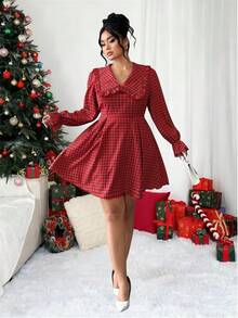 Elenzga Vintage French Style Christmas Red Plaid Ruffle Hem Babydoll Dress, Autumn/Winter - Red - View 6